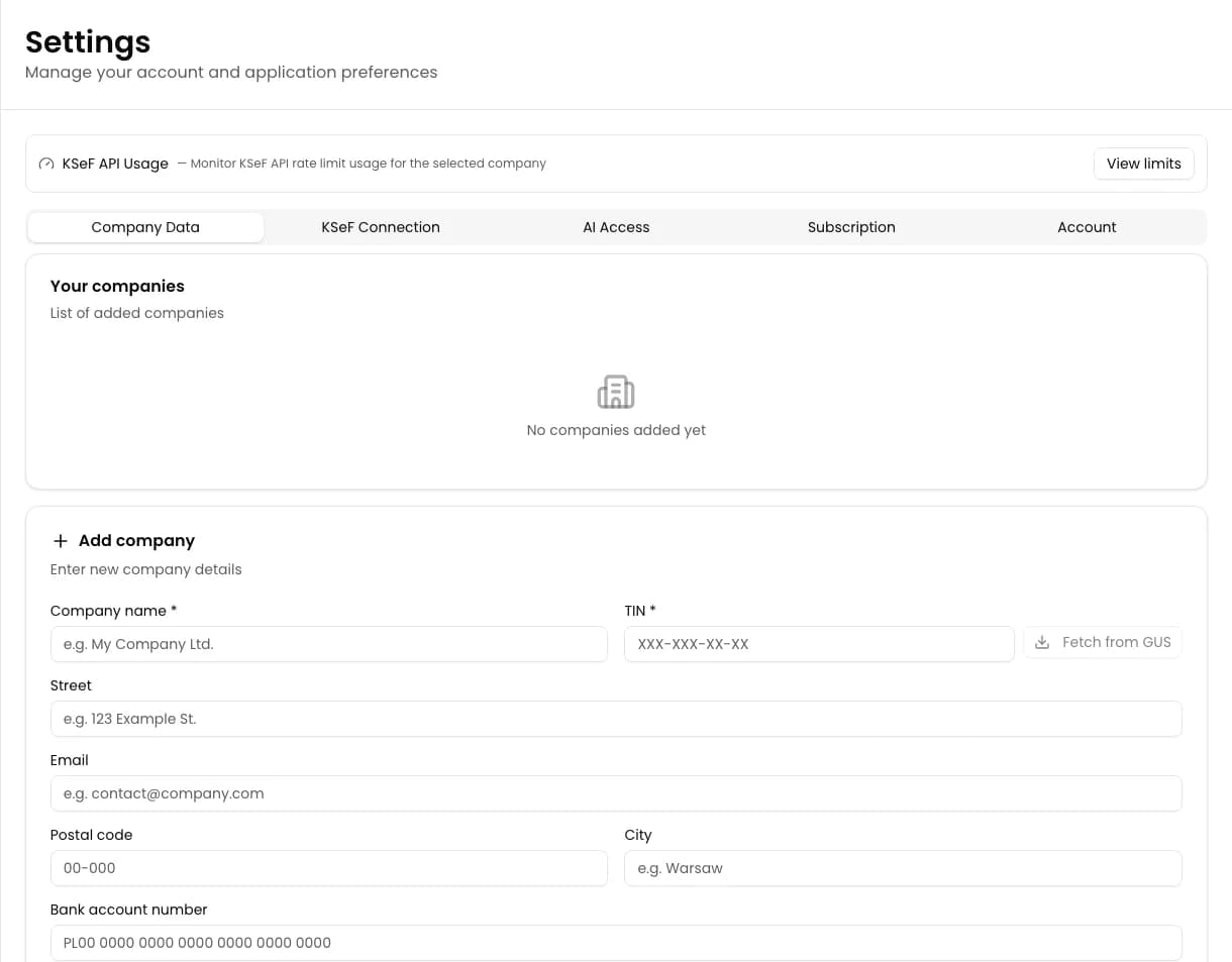 Company Data in KSeFGPT Settings with an empty Your companies list and the Add company form