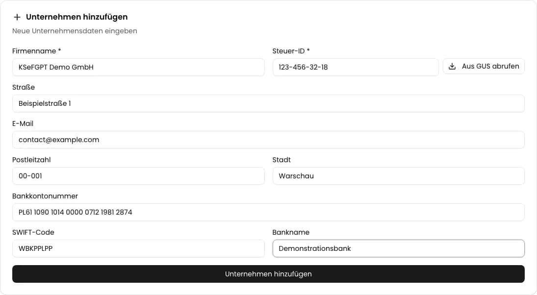 Ausgefülltes Formular Unternehmen hinzufügen in KSeFGPT mit Name, NIP, Anschrift, E-Mail und demonstrativen Bankdaten