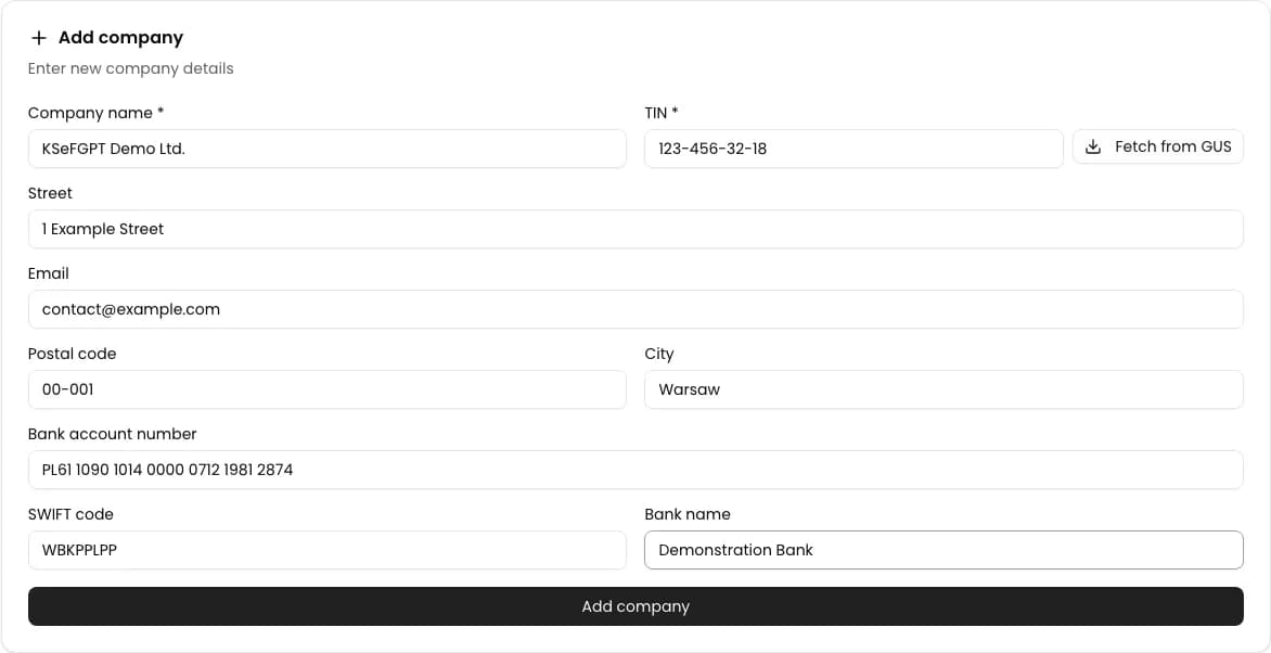 Completed Add company form in KSeFGPT with a name, NIP, address, email, and demonstration bank details