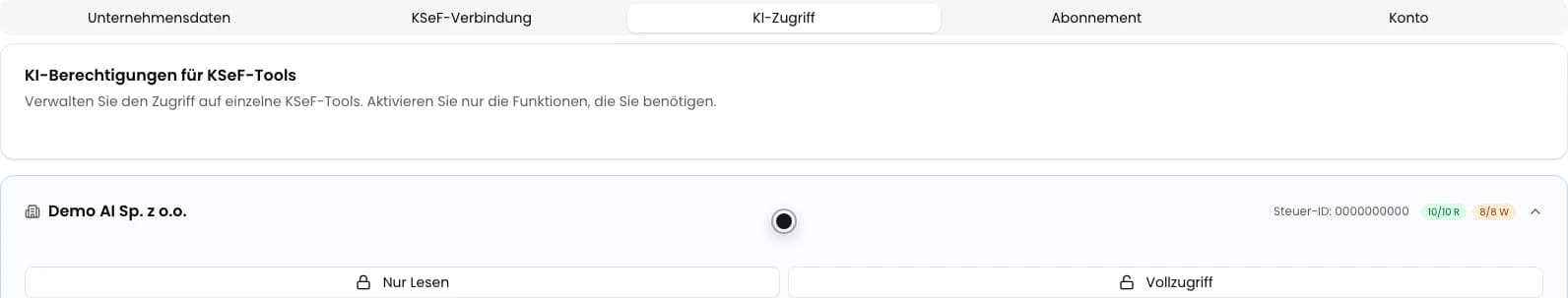 Registerkarte KI-Zugriff in den KSeFGPT-Einstellungen mit der Karte des Unternehmens Demo AI