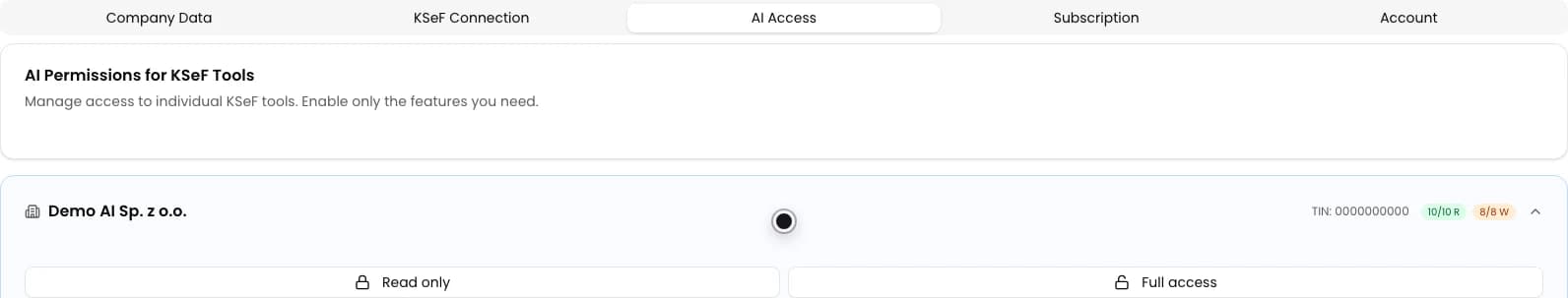 AI Access tab in KSeFGPT Settings with the Demo AI company card