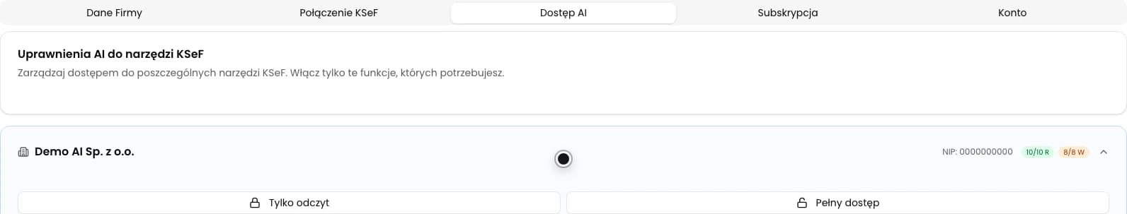 Zakładka Dostęp AI w Ustawieniach KSeFGPT z kartą firmy Demo AI