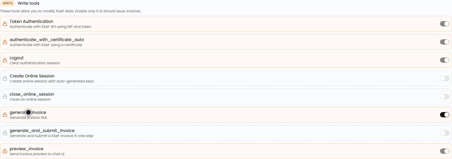 Write tools with invoice generation enabled and KSeF submission disabled