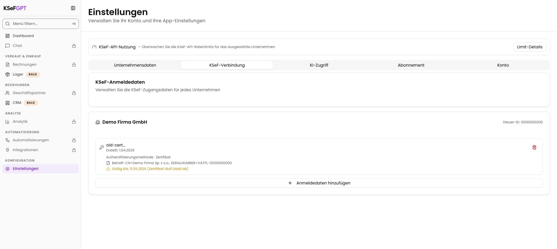 KSeF-Verbindung mit ablaufendem Zertifikat, Betreff, Gültigkeitsdatum und Kennungspräfix