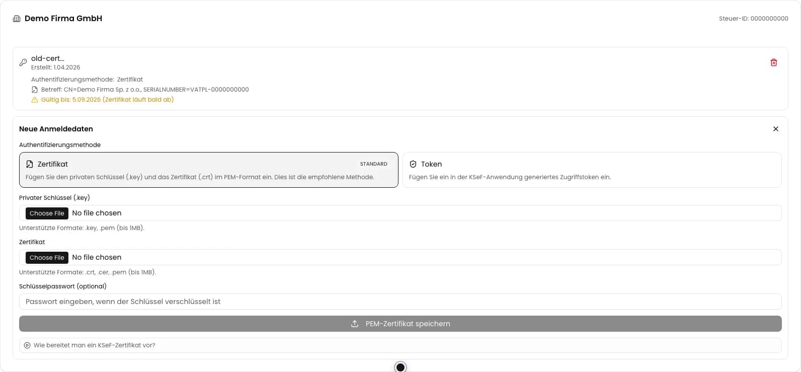 Formular Neue Anmeldedaten mit ausgewählter Authentifizierungsmethode Zertifikat