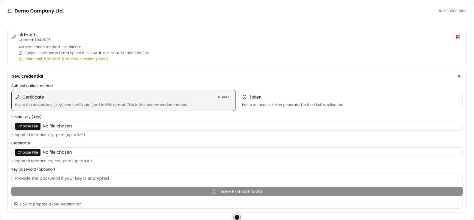 New credential form with Certificate selected as the authentication method
