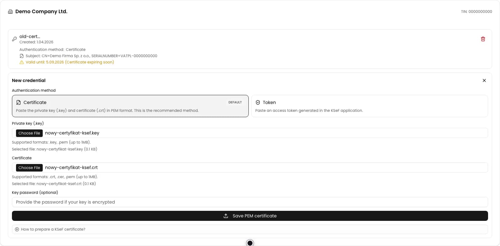 KSeF certificate form with the private key and PEM certificate files selected
