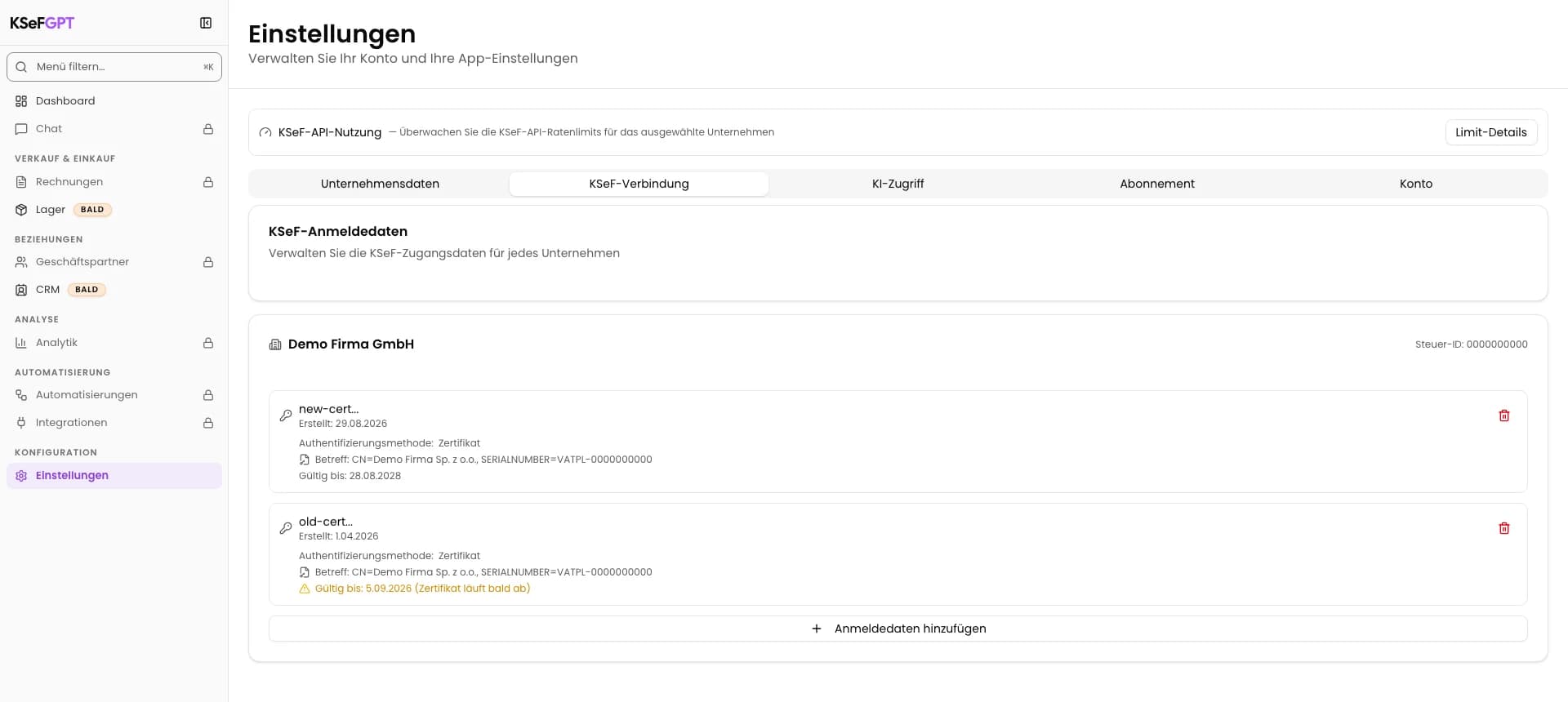 Unternehmenskarte in KSeFGPT mit gleichzeitig sichtbarem altem und neuem Zertifikat