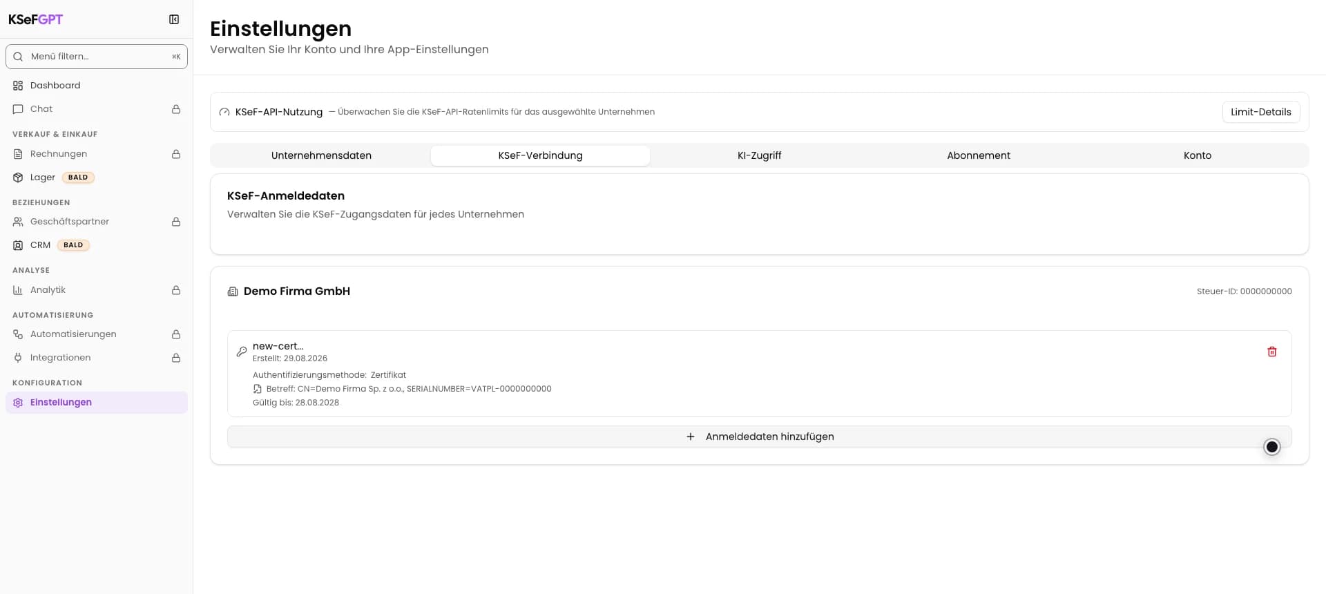 Unternehmenskarte nach Entfernen des alten Zertifikats mit nur einem neuen KSeF-Eintrag