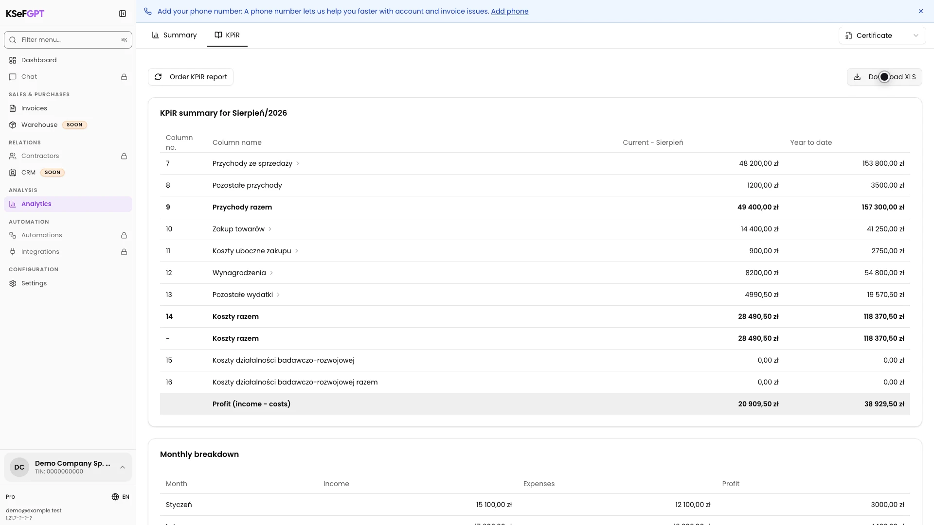 Completed KPiR report with the Download XLS button visible