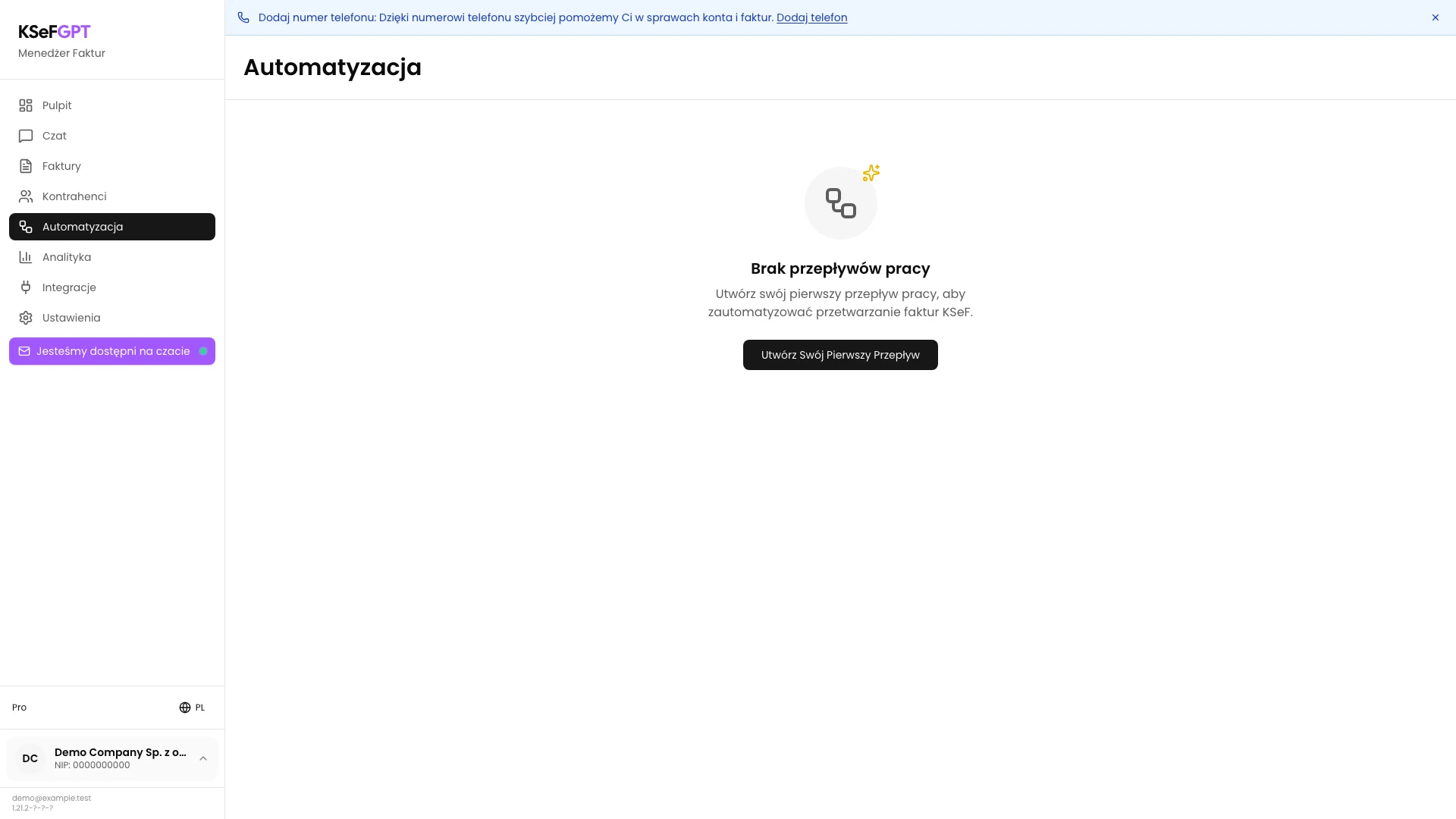 Pusty moduł Automatyzacja w KSeFGPT z przyciskiem Utwórz Swój Pierwszy Przepływ