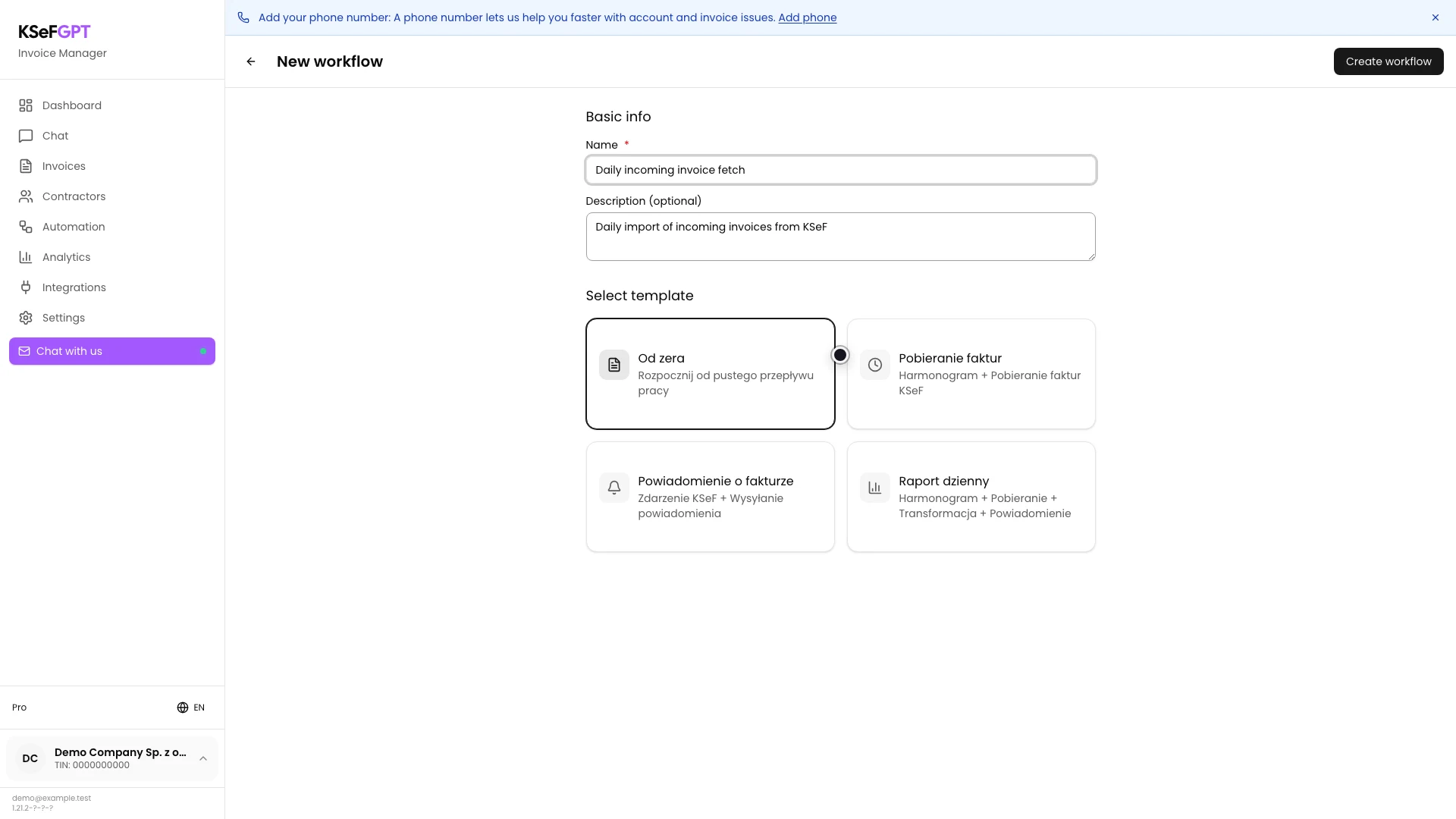 New workflow screen with the name and description of an invoice fetch automation