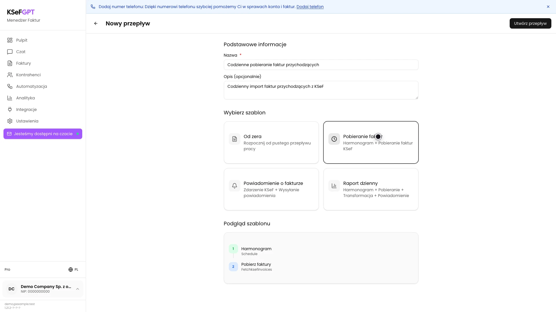 Wybrany szablon Pobieranie faktur z podglądem bloków Harmonogram i Pobierz faktury