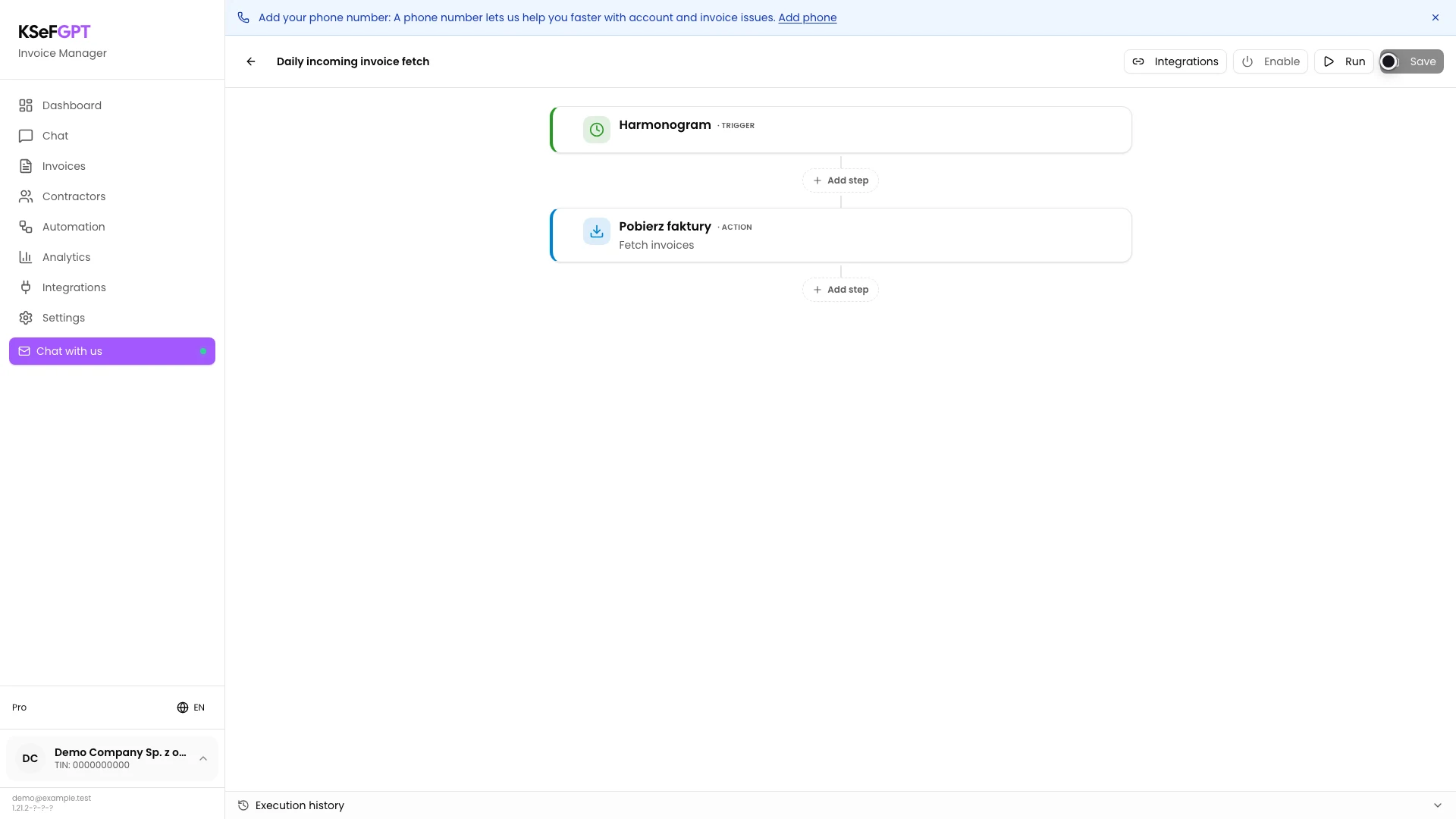 Automation editor with Harmonogram and Pobierz faktury blocks and a disabled Save button