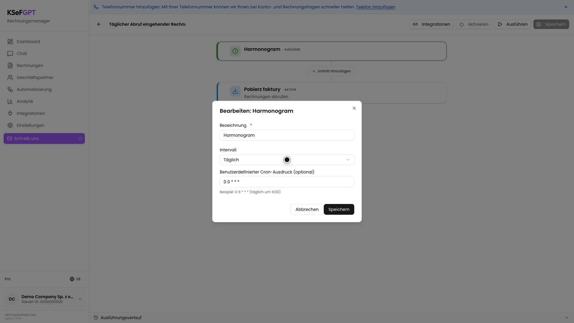 Bearbeitungsfenster Harmonogram mit Täglich und dem Cron-Ausdruck 0 0 * * *