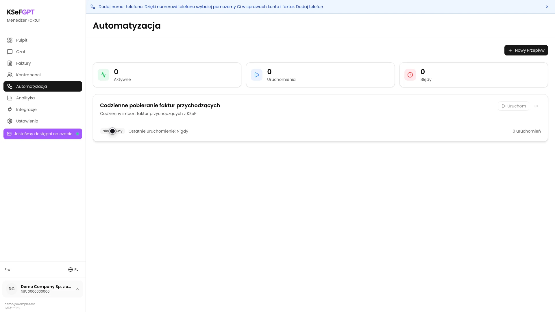 Lista automatyzacji z zapisanym przepływem Codzienne pobieranie faktur przychodzących w statusie Nieaktywny
