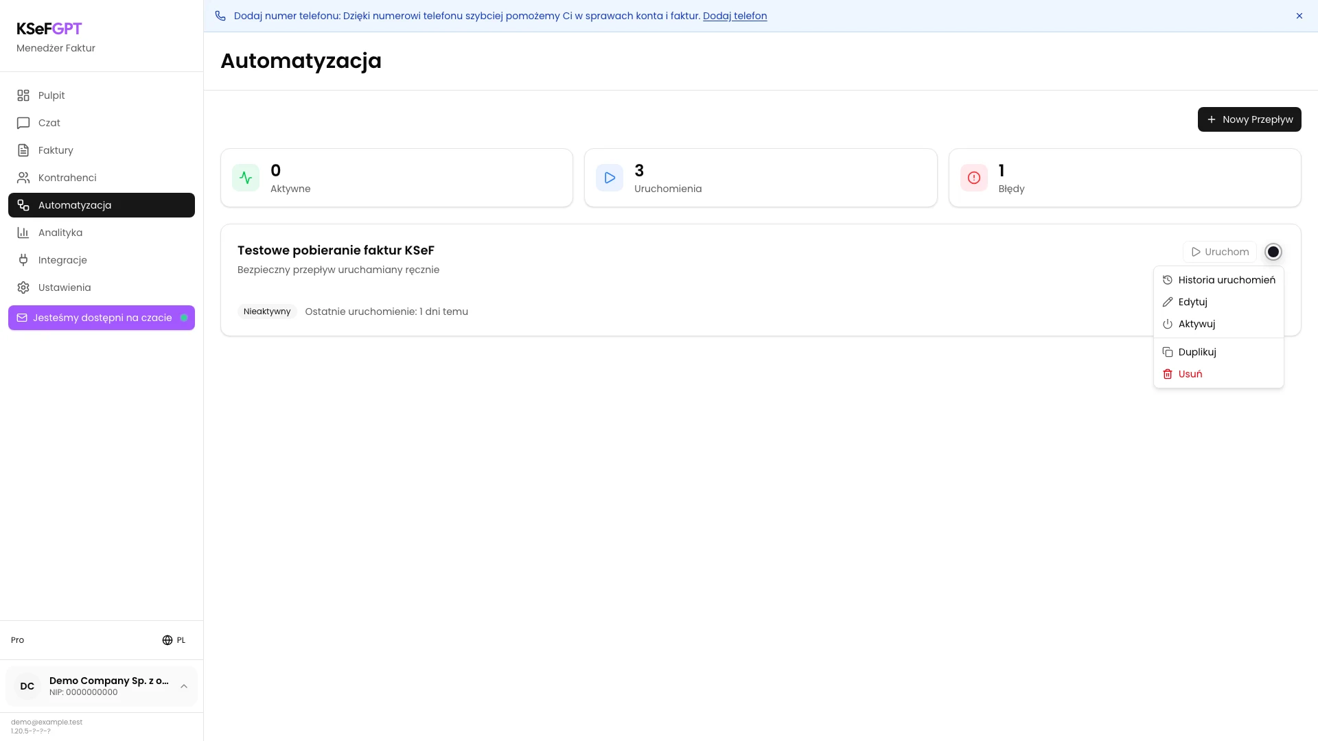 Menu testowego przepływu z opcją Aktywuj