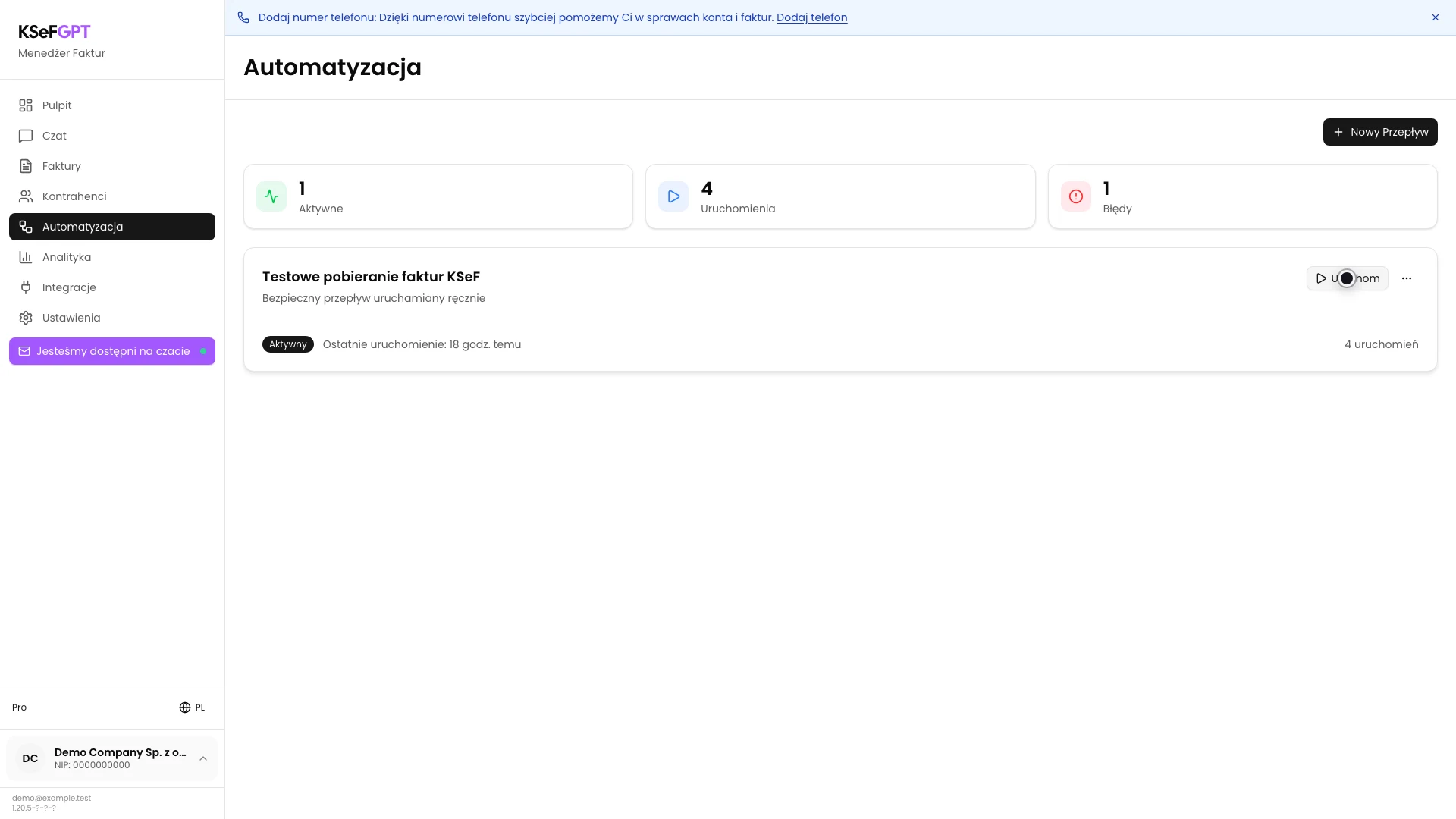 Aktywny przepływ po ręcznym uruchomieniu z większą liczbą wykonań