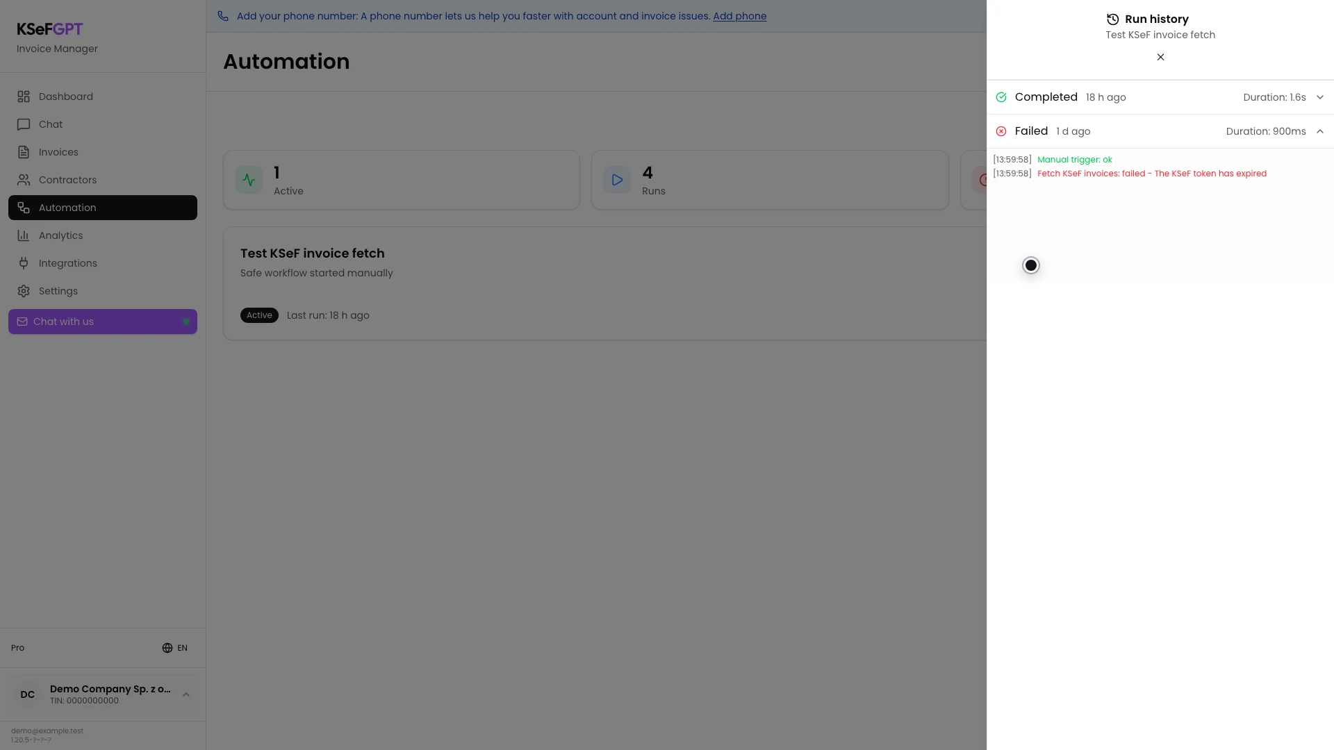 Expanded failed execution with an expired KSeF token message