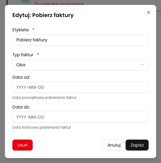 KSeFGPT: Wybierz oba rodzaje faktur i pozostaw daty puste.