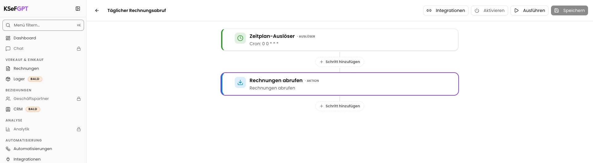 KSeFGPT: Speichern Sie den gesamten Workflow und prüfen Sie beide Bausteine nach dem Neuladen.