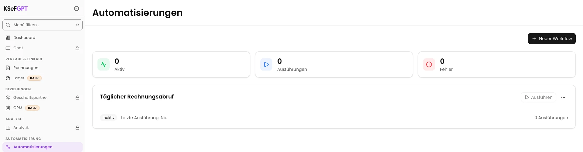 KSeFGPT: Prüfen Sie den gespeicherten, inaktiven Workflow in der Liste.