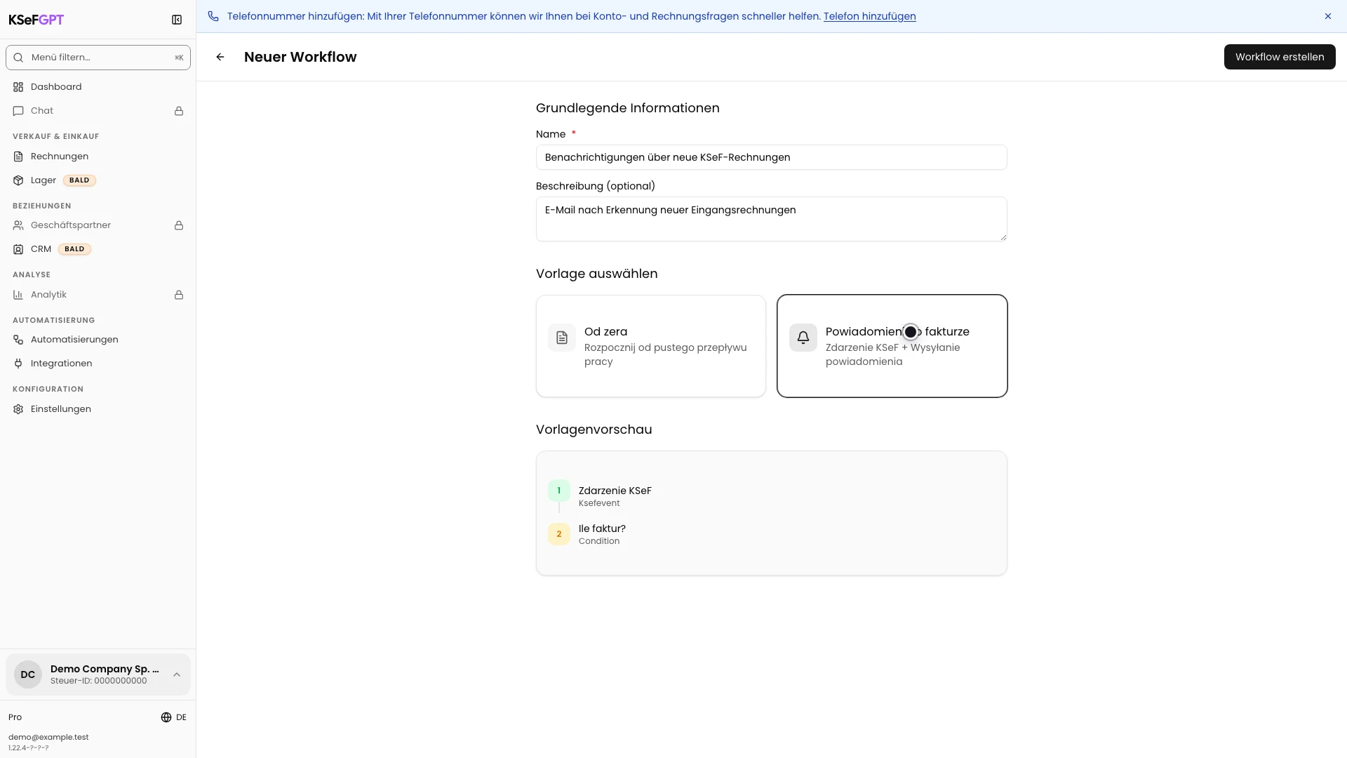 Workflow-Erstellung mit ausgewählter Vorlage Powiadomienie o fakturze