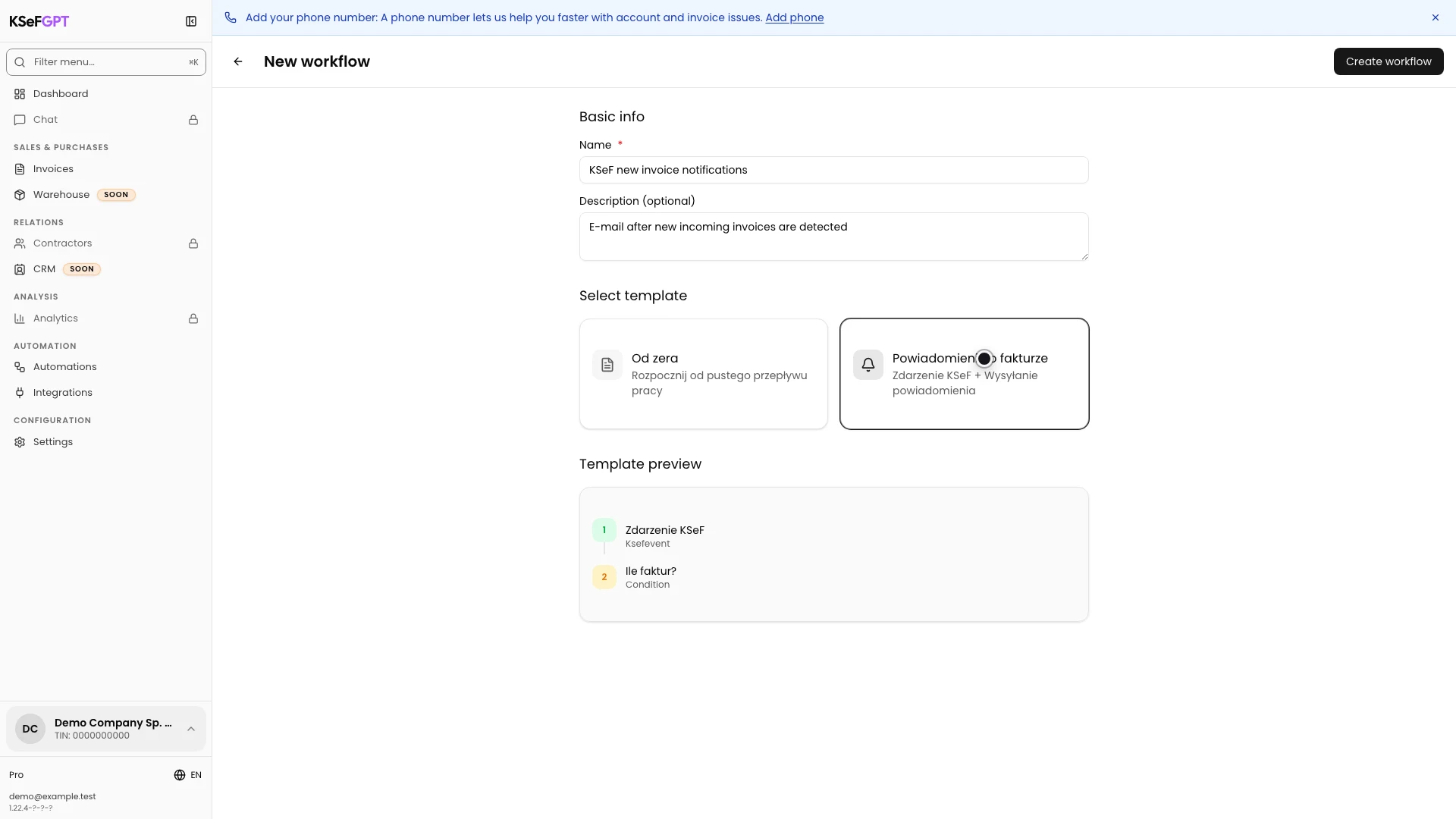 Workflow creator with the Powiadomienie o fakturze template selected