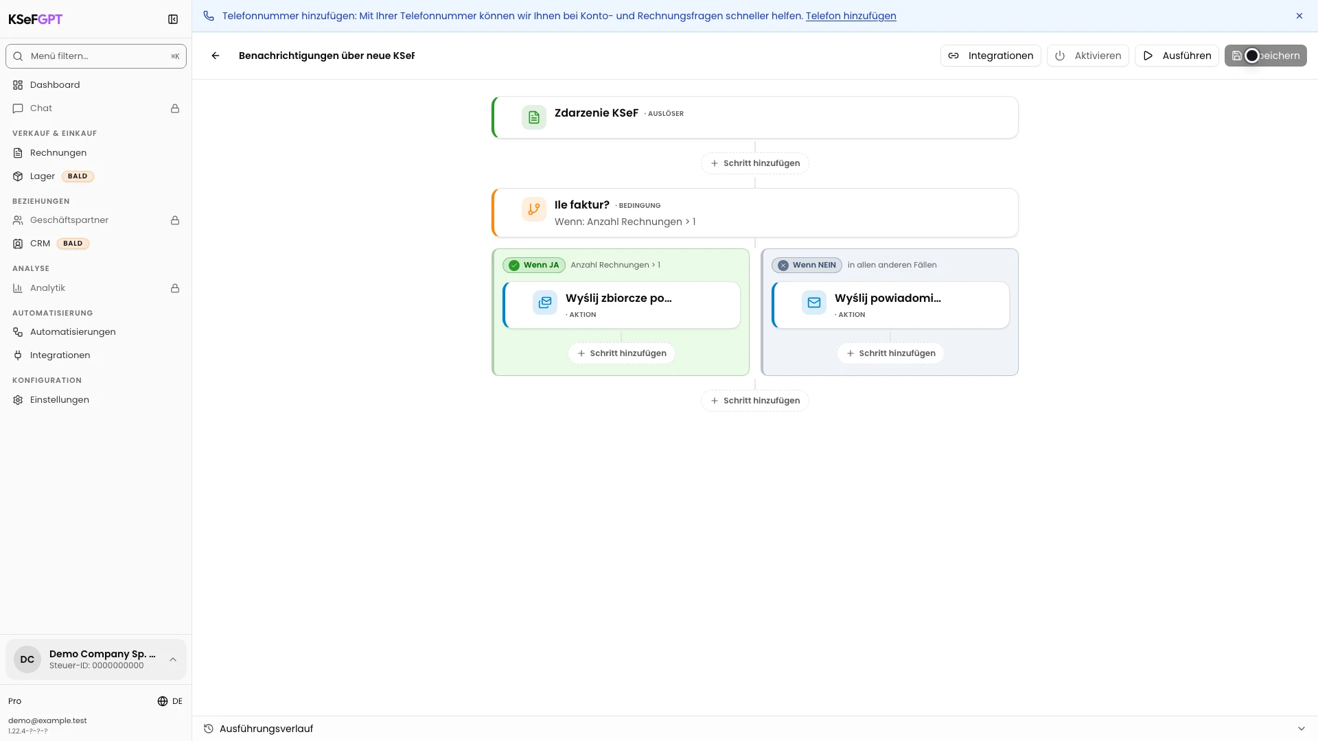 Automatisierungseditor mit KSeF-Ereignis, Rechnungsanzahl und zwei Benachrichtigungszweigen