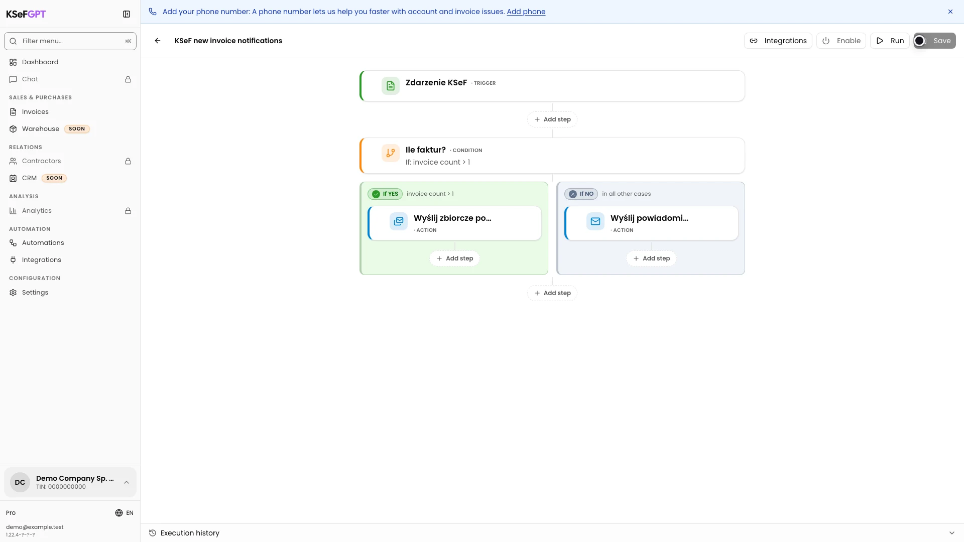 Automation editor with a KSeF event trigger, invoice count condition and two notification branches