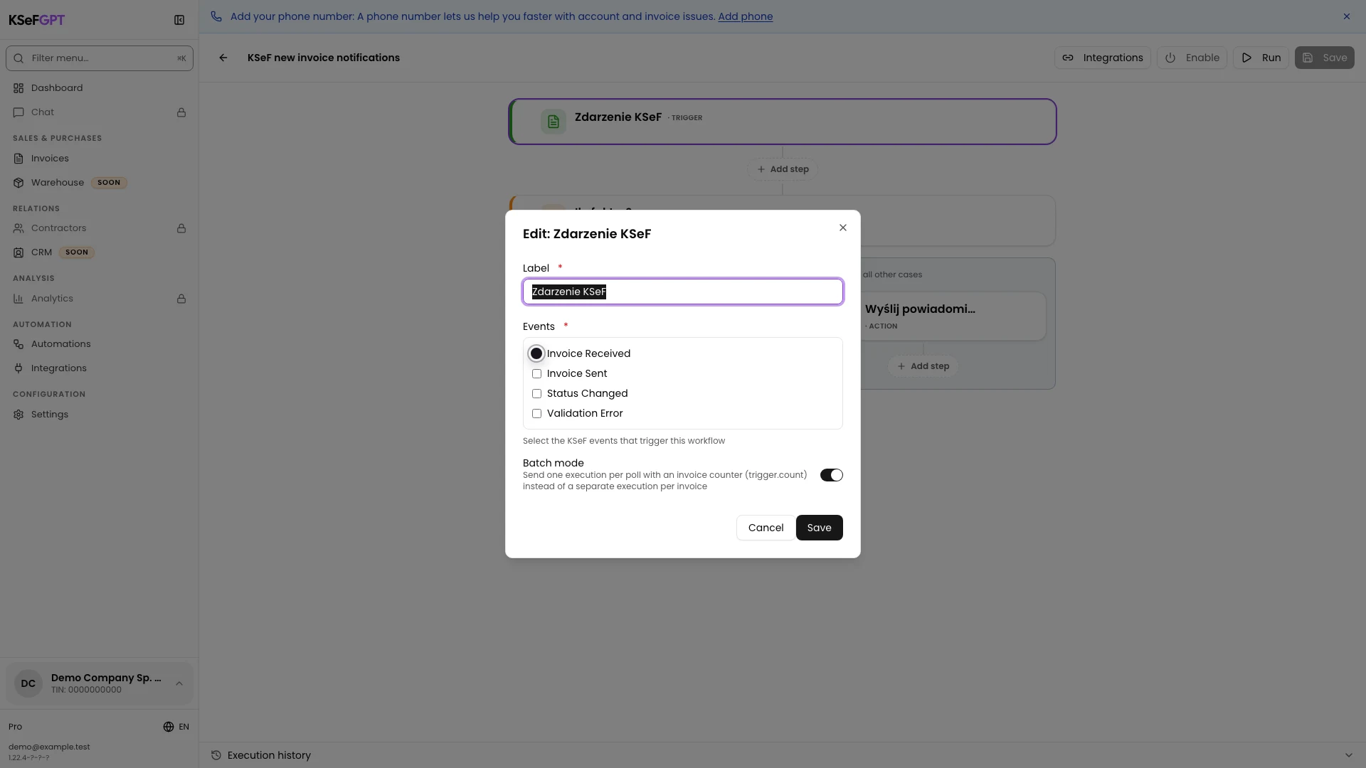 KSeF event window with Invoice Received selected and Batch mode enabled