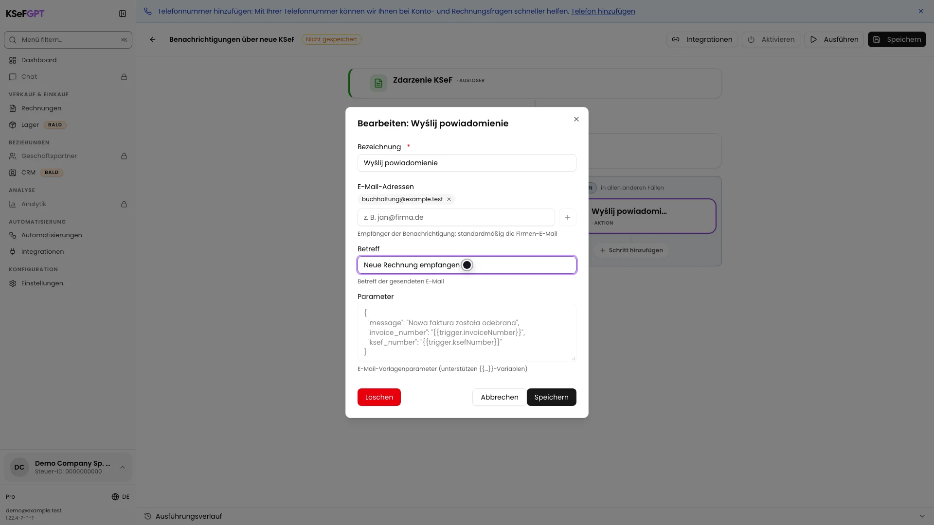 Einzelbenachrichtigung mit E-Mail-Adresse und Betreff Neue Rechnung empfangen