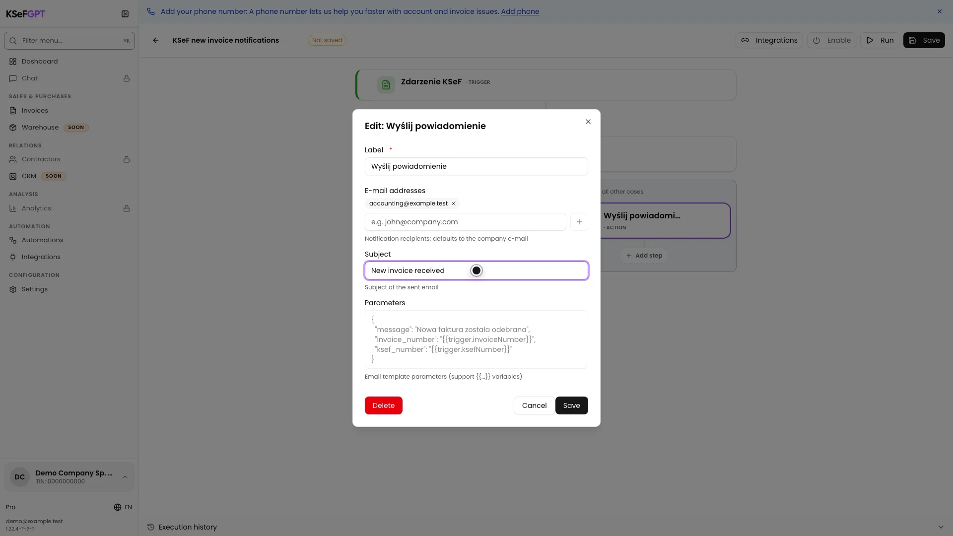 Single notification window with an e-mail address and the subject New invoice received