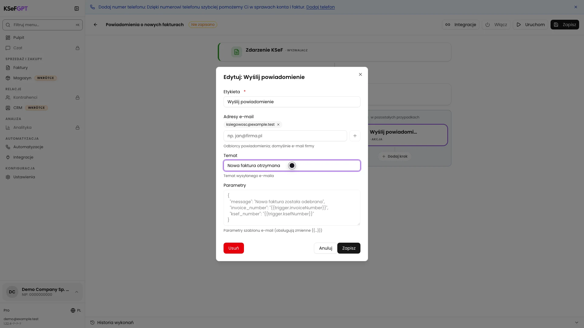 Okno pojedynczego powiadomienia z adresem e-mail i tematem Nowa faktura otrzymana