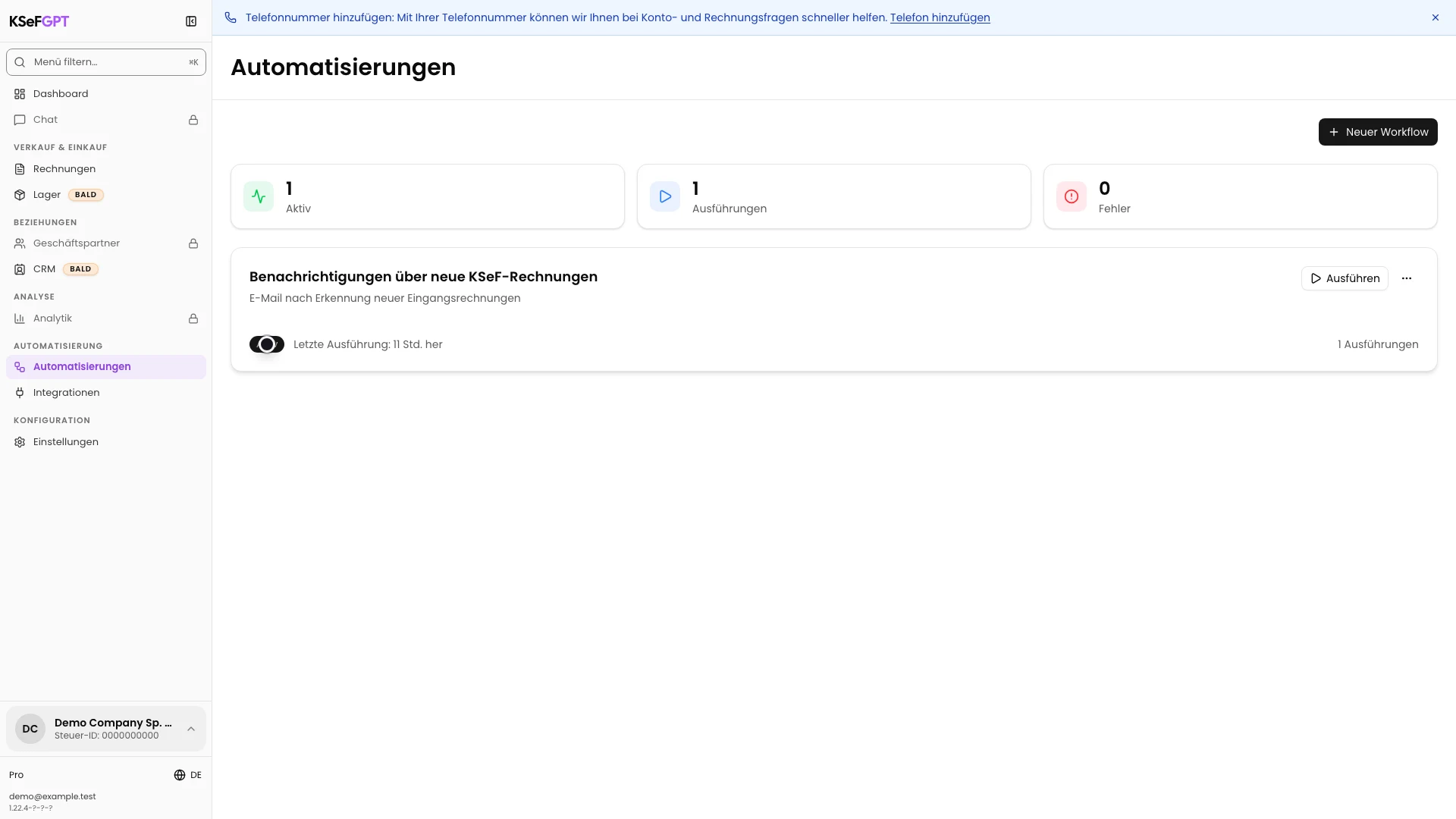 Automatisierungsliste mit aktivem Workflow für neue KSeF-Rechnungen