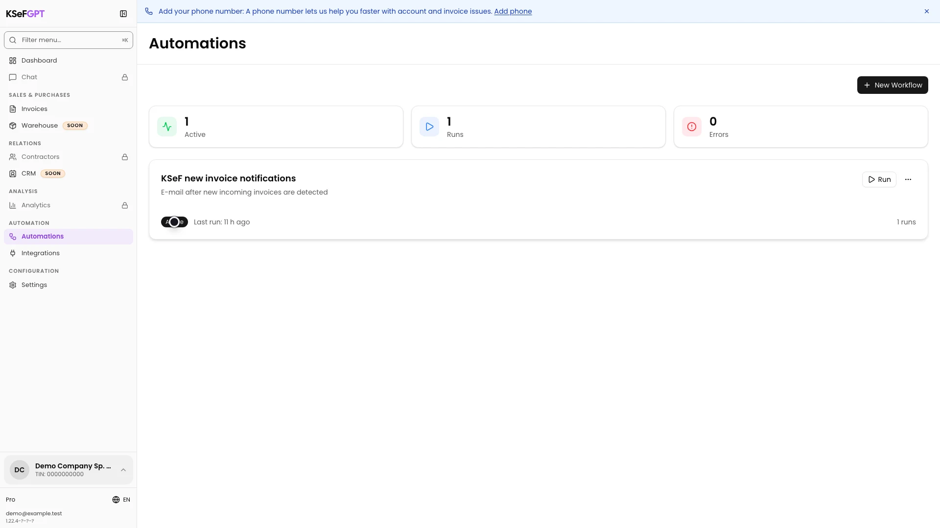 Automation list with an active KSeF new invoice notification workflow