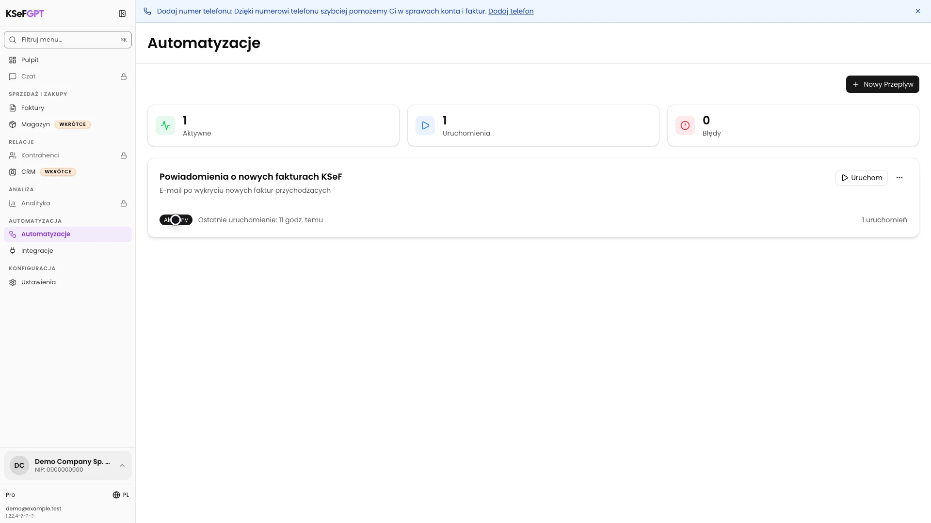 Lista automatyzacji z aktywnym przepływem powiadomień o nowych fakturach KSeF