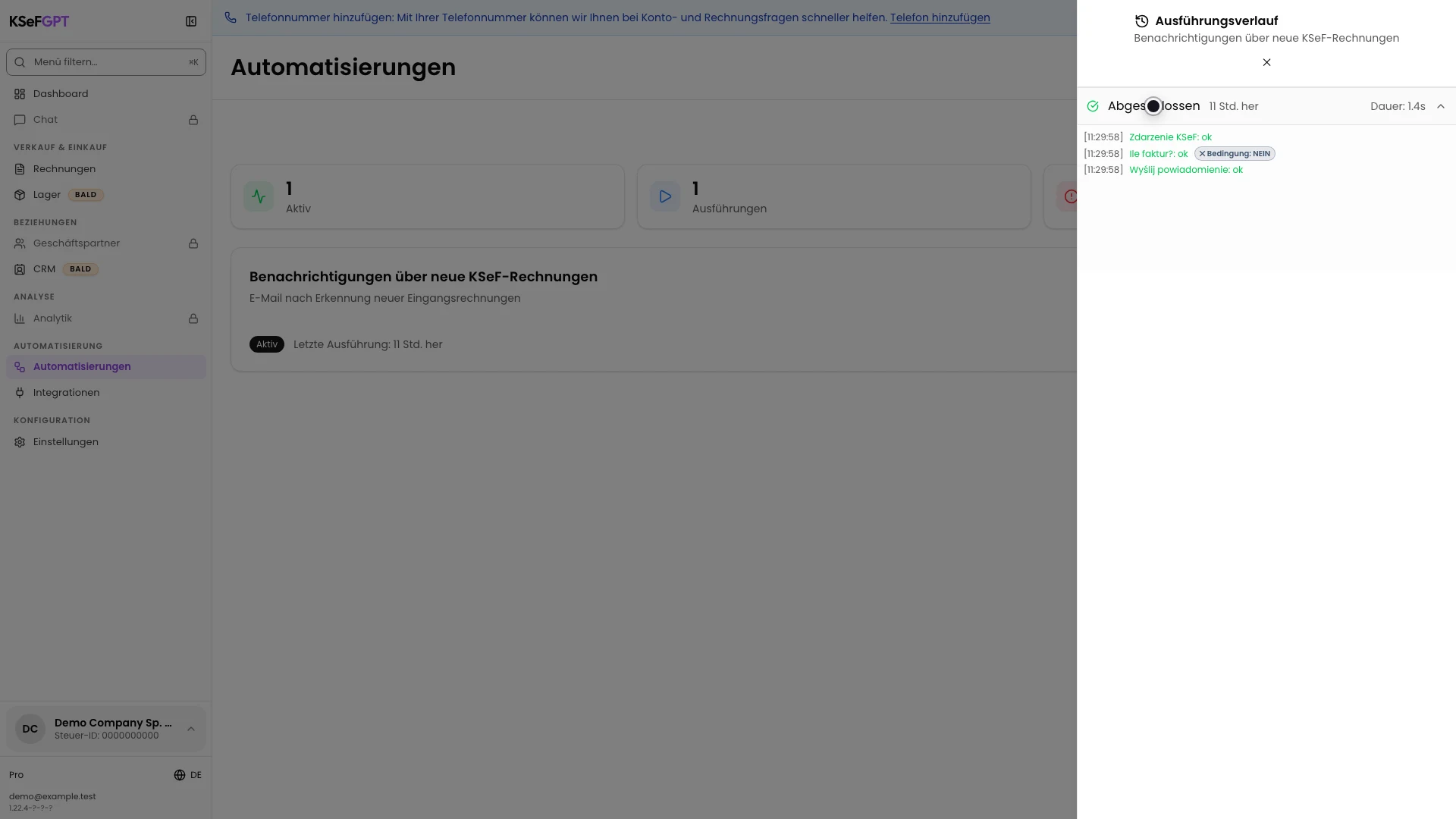 Ausführungsverlauf mit abgeschlossenem KSeF-Ereignis, NEIN-Zweig und erfolgreichem Einzelbenachrichtigungsschritt