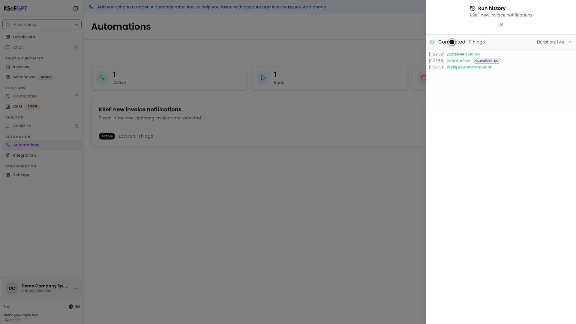 Run history with a completed KSeF event, the NO branch and a successful single notification step