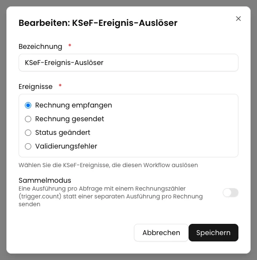 Ereignis festlegen und Sammelmodus ausschalten