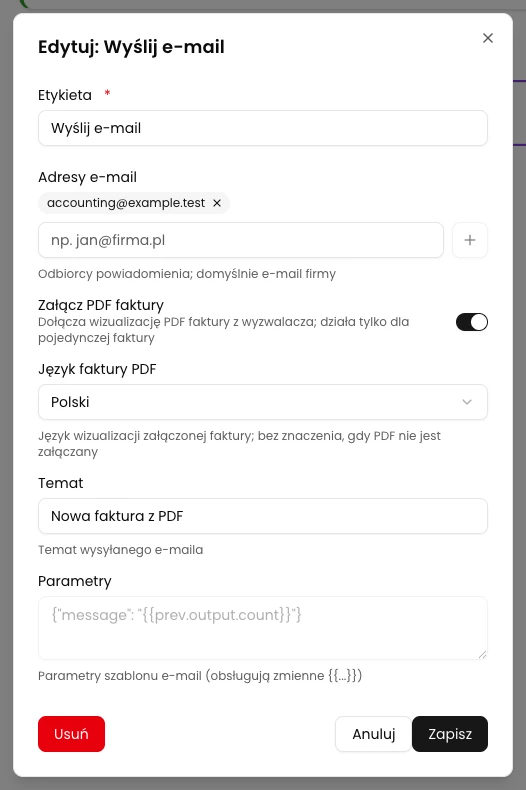 Włącz załącznik i wybierz język PDF