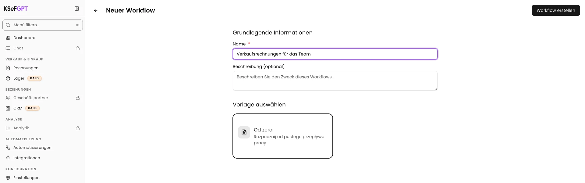 KSeFGPT: Erstellen und benennen Sie einen leeren Workflow.