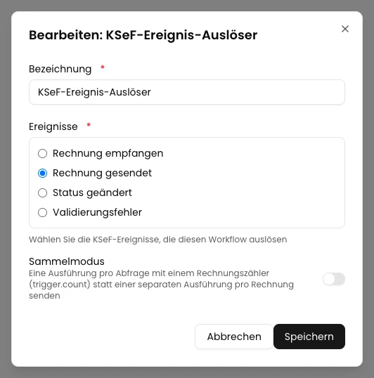 KSeFGPT: Wählen Sie das KSeF-Ereignis Rechnung gesendet und deaktivieren Sie den Sammelmodus.