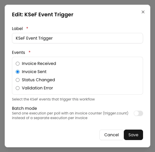 KSeFGPT: Choose KSeF Event, Invoice Sent and turn off Batch mode.