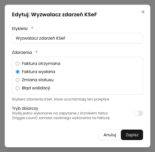 KSeFGPT: Wybierz Zdarzenie KSeF, Faktura wysłana i wyłącz Tryb zbiorczy.