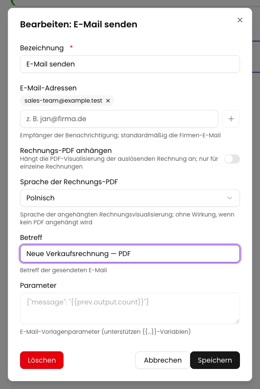 KSeFGPT: Fügen Sie die feste Teamadresse über das Plus hinzu und geben Sie den Betreff ein.