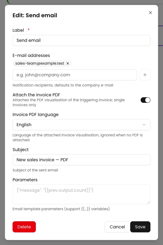 KSeFGPT: Enable the invoice PDF attachment and select its language.