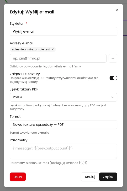 KSeFGPT: Włącz Załącz PDF faktury i wybierz język PDF.