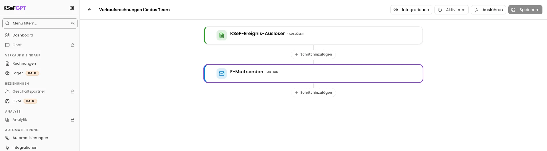 KSeFGPT: Speichern Sie den Workflow und prüfen Sie Ereignis, Empfänger und PDF nach dem Neuladen.