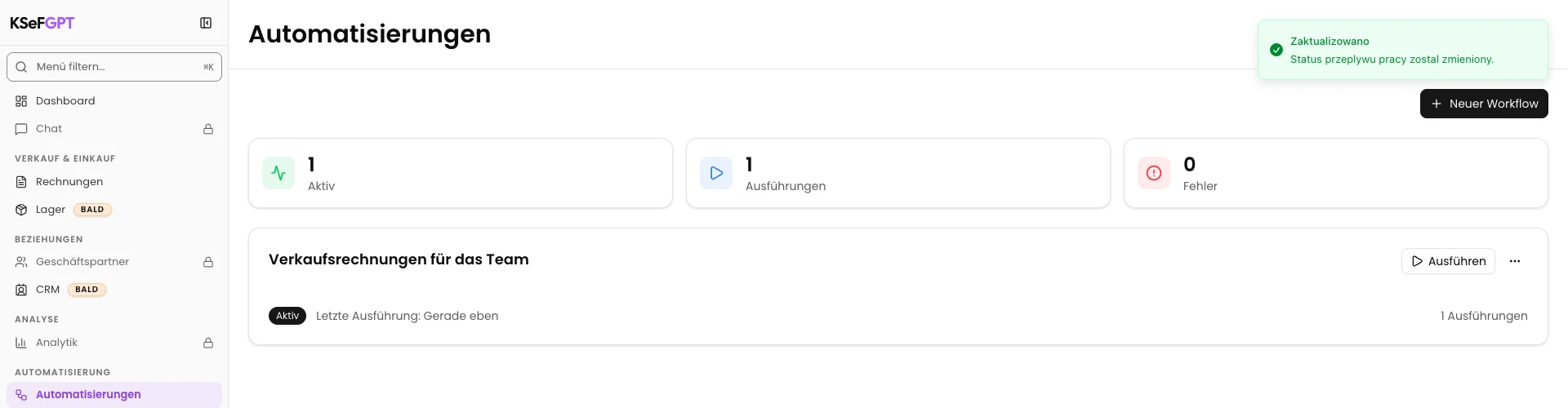 KSeFGPT: Aktivieren Sie den Workflow in der Liste.